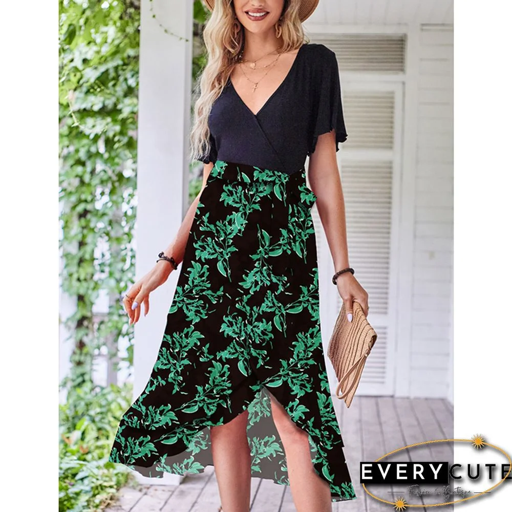 Dark Green Floral Print Splicing V Neck Dress with Slit