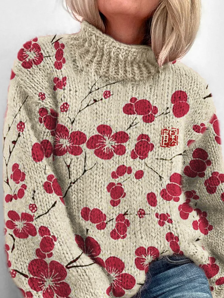 Cherry Blossom Japanese Lino Pattern Cozy Turtleneck Sweater