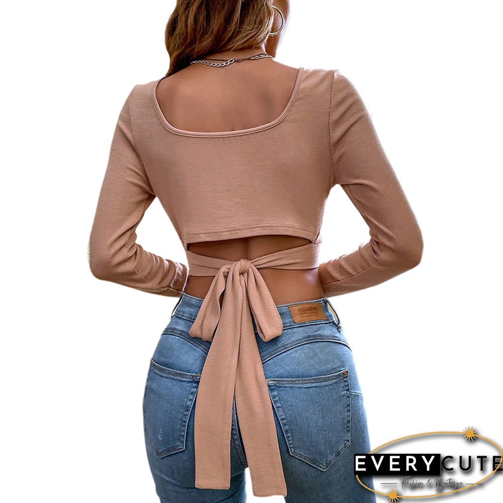 Wholesale Nude Square Neck Tie Back Long Sleeve Crop Tops Online