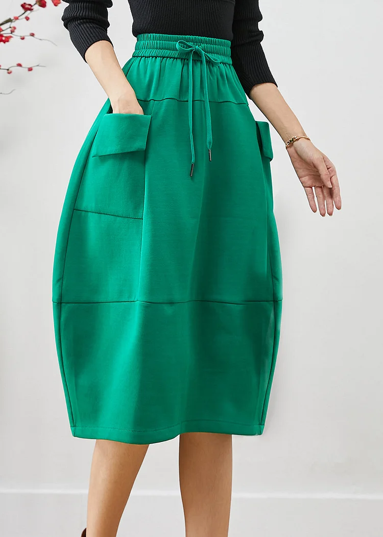 Boho Green Elastic Waist Patchwork Cotton Skirts Fall