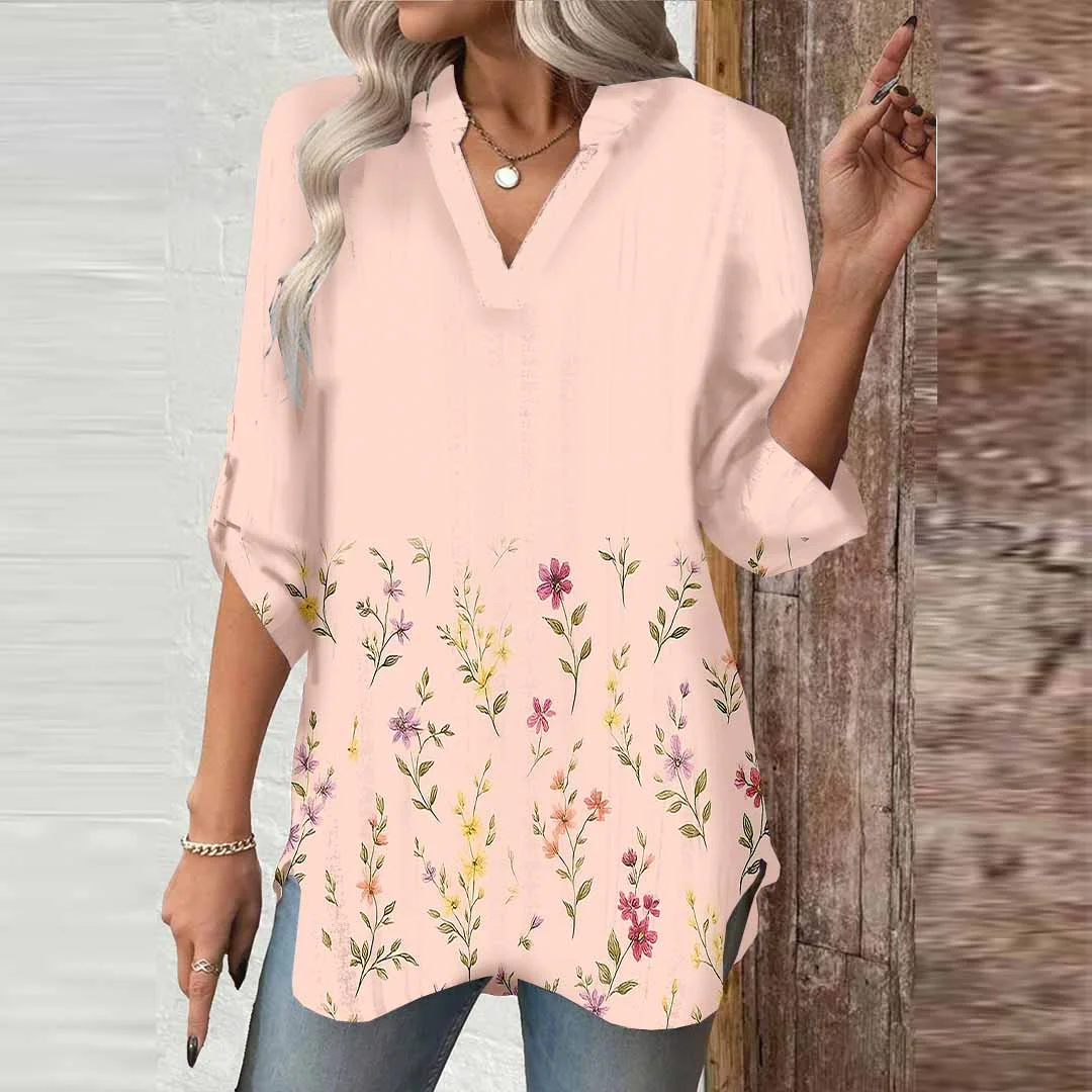 Women Pink, Floral, Red DZGA0525 3/4 Sleeve V-neck Printed Graphic Button Tops