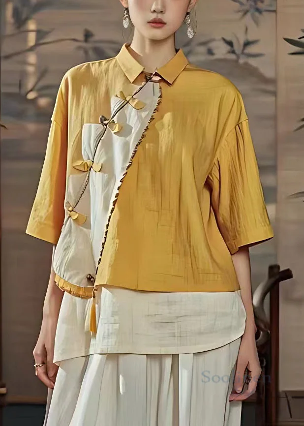 Chinese Style Yellow Peter Pan Collar Button Linen Shirts Summer