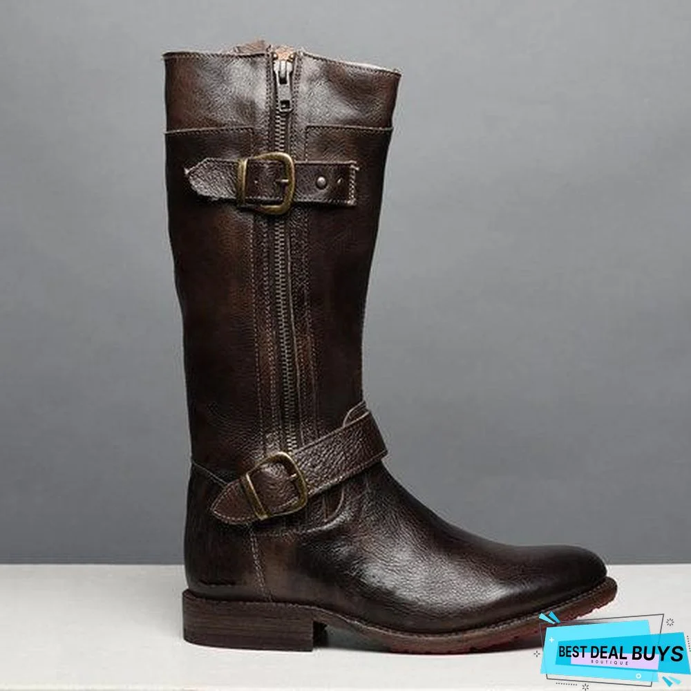 Comfort Side Zipper Boots Adjustable Buckle Low Heel Outdoor Boots