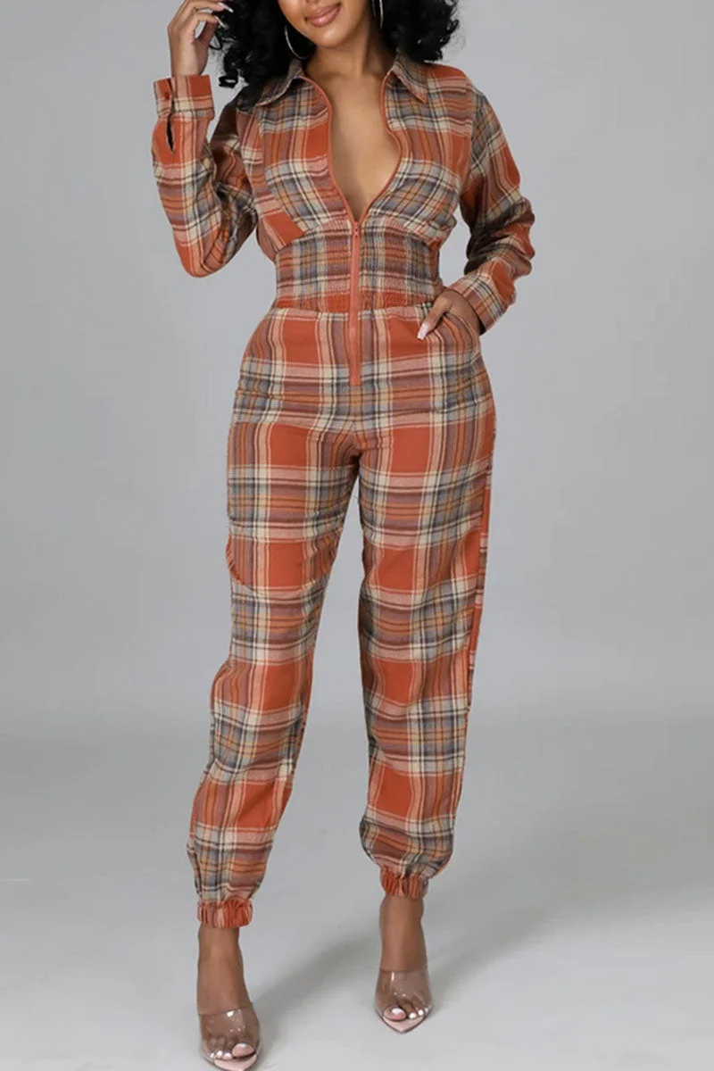 Casual Plaid Print Split Joint Zipper Turndown Collar Straight Jumpsuits