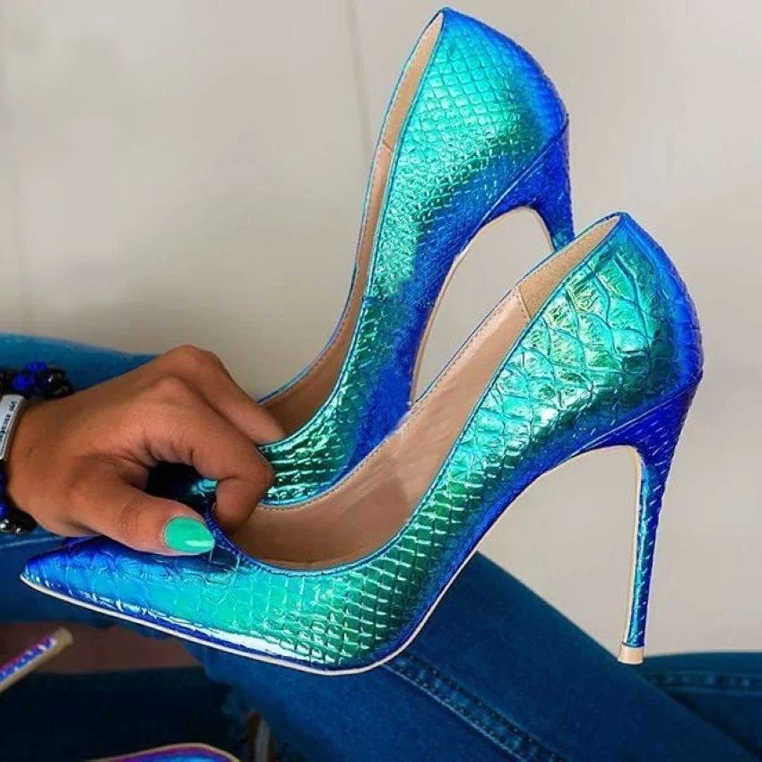 Breakj Snakeskin Leather High Heel Shoes Blue Hologram Iridescent Shallow Dress Pumps Colorized Patchwork Shoes Pointed Toe