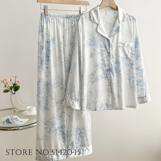 Avatarxai Female 2Pcs Pajamas Set Lounge Wear Gray Print Flower Long Sleeve Trouser Suits Spring Summer Casual Home Clothes Underwear