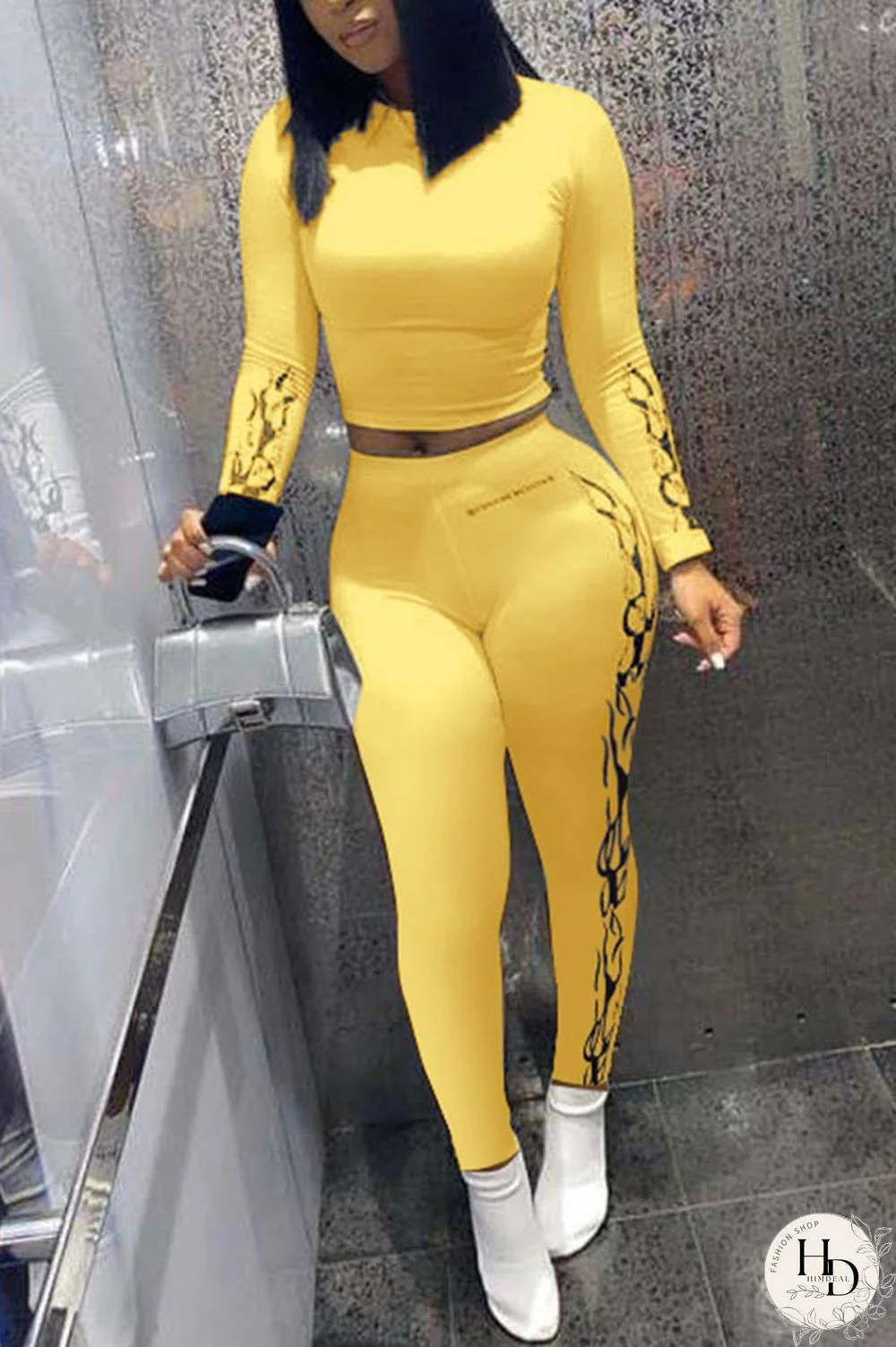 Yellow Street Print Solid pencil Long Sleeve Two Pieces