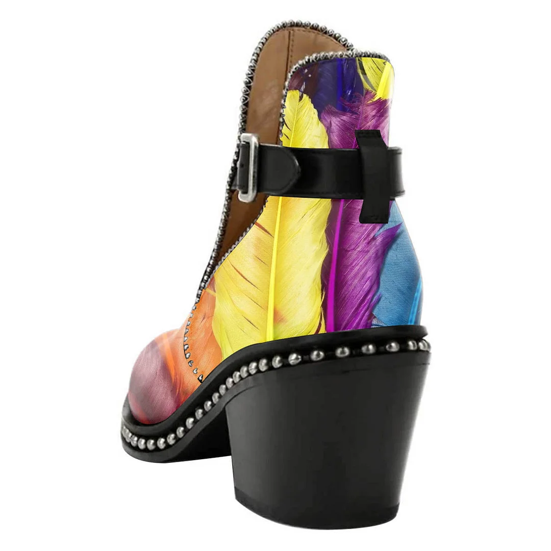 Feather Print Studded Chunky Heel Buckle Strap Short Boots for Women