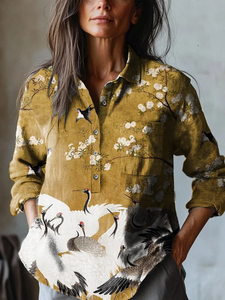 Women's Japanese Classic Flowers And Flying Cranes Art Print Casual Cotton And Linen Shirt
