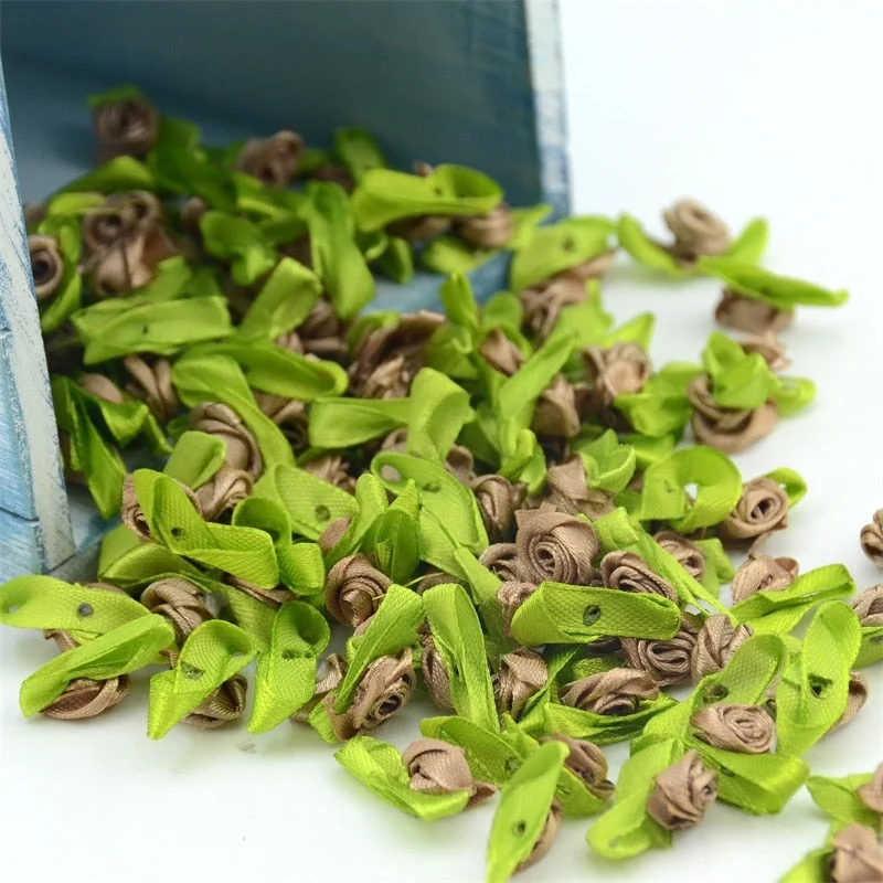 100pcs Mini Satin Ribbon Flower Silk Rose head Ribbon DIY Wedding Bow Appliques Craft Sewing Clothing Accessories  Decoration