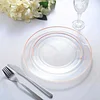 10 Pack | 10" Très Chic Rose Gold Rim Clear Plastic Dinner Plates, Disposable Party Plates
