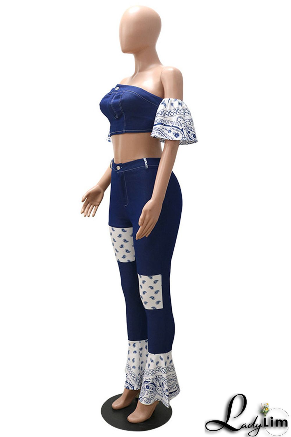 Dark Blue Sexy Casual Patchwork Backless Strapless Short Sleeve Two Pieces