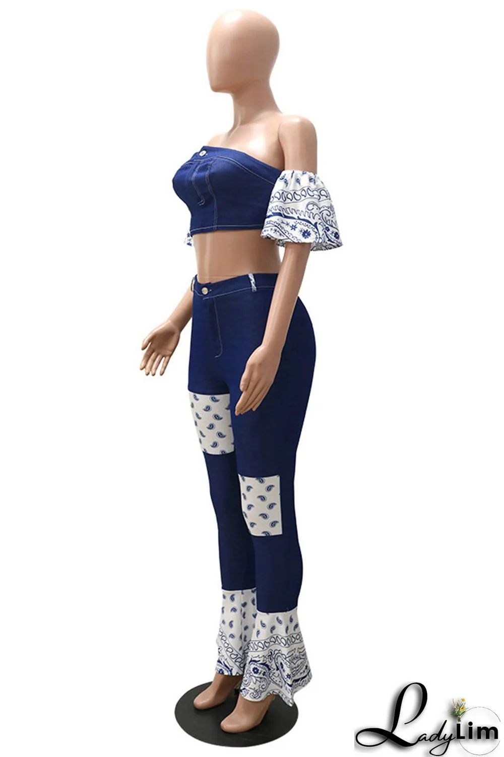 Dark Blue Sexy Casual Patchwork Backless Strapless Short Sleeve Two Pieces