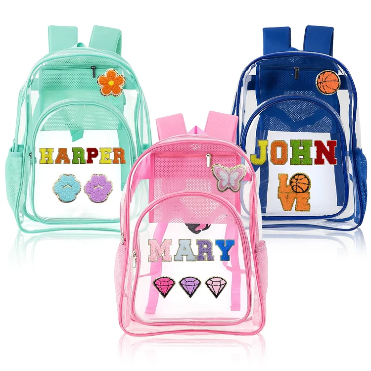 DYOART Custom Kids Clear Backpack with Patches, Personalized Clear Book Bag Heavy Duty, Girls Boys Name School Bag Cute Pattern, Back to School Gifts for Toddler