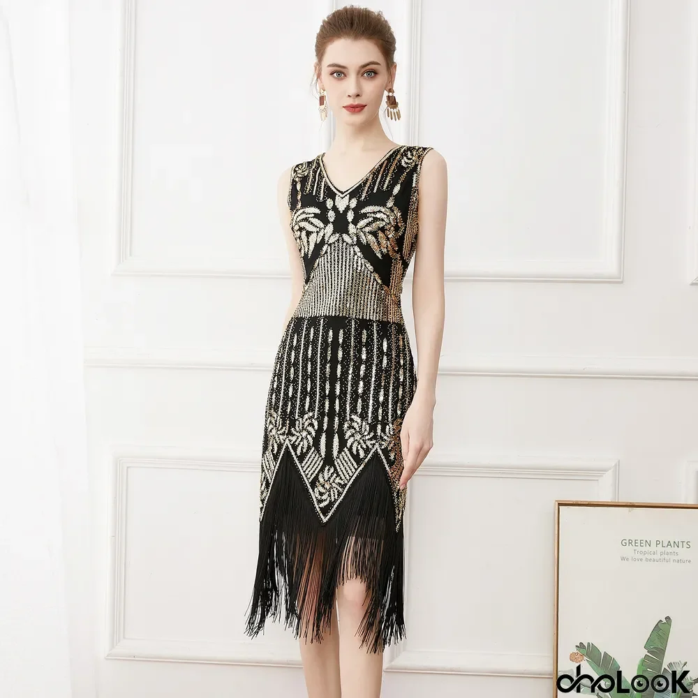 Plus Size Women Retro Prom V-Neck Sequin Beaded Tassel Evening Dress