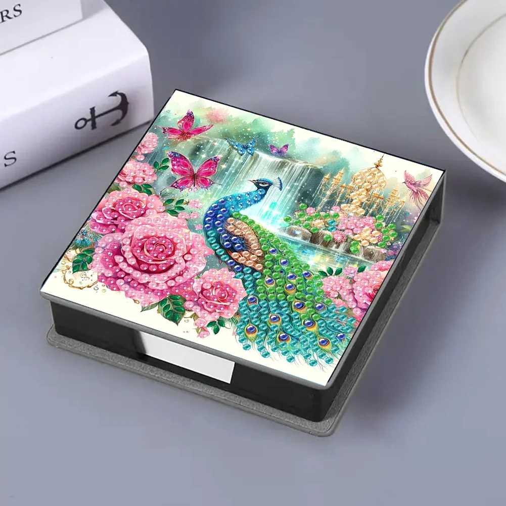 DIY Flower Peacock Leather Diamond Art Note Box with 160 Sheets of Paper for Beginners