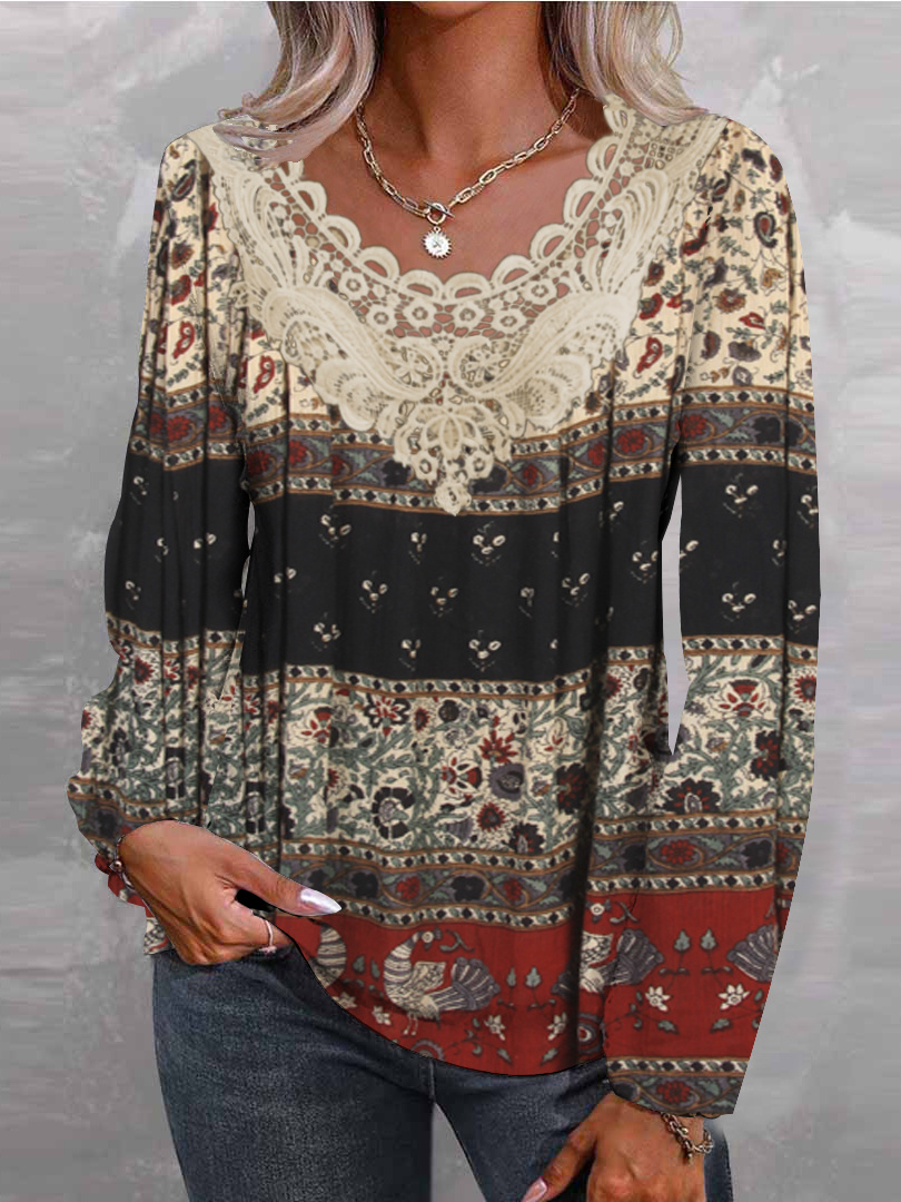 Women Long Sleeve V-neck Graphic Floral Printed Top
