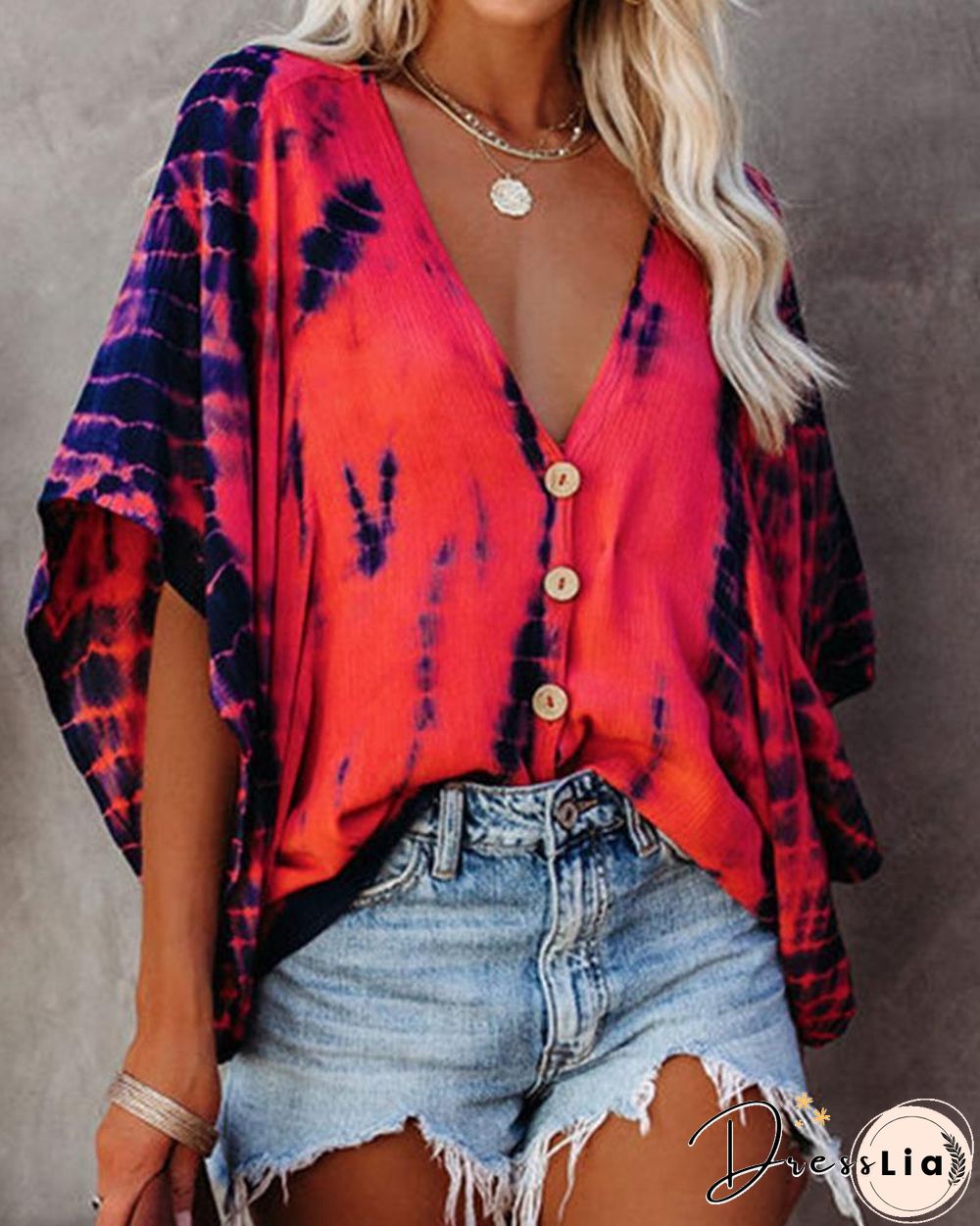 Bat Sleeve Tie-dye Print Blouse P10154