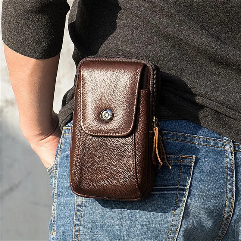Grain Textured Style Genuine Leather Multiple Compartment Card Slot Magnetic Closure Belt Bag
