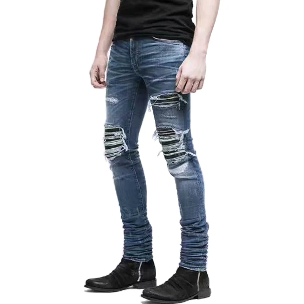 Men's High Street Trend Stretch Skinny Pleated Leather Blue Patch Ripped Jeans
