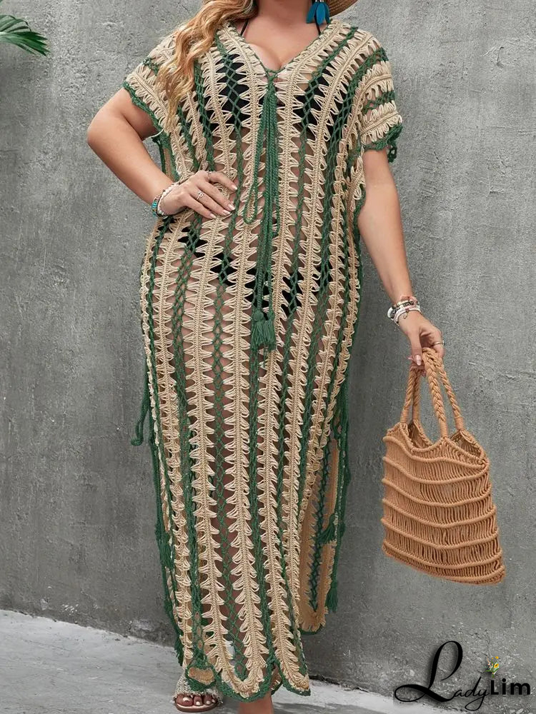 Women's V-Neck Cotton Short Sleeves Hollow-Out Beach Cover Up