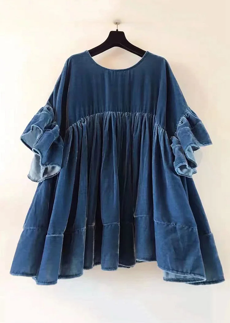 Plus Size Blue Wrinkled Patchwork Velour Butterfly Sleeve Blouse