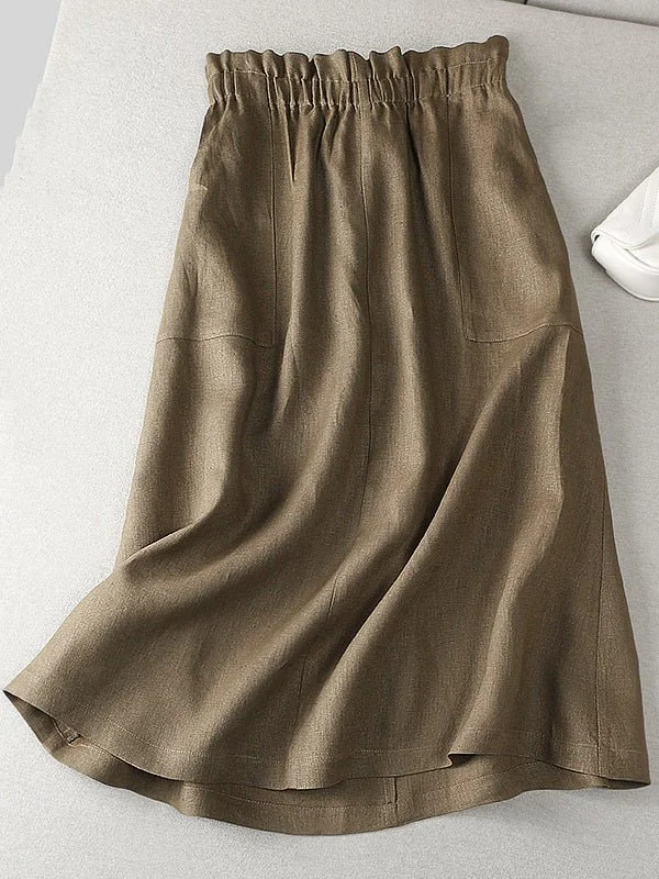 Solid Color Elastic Waist A-Line Casual Linen Skirt