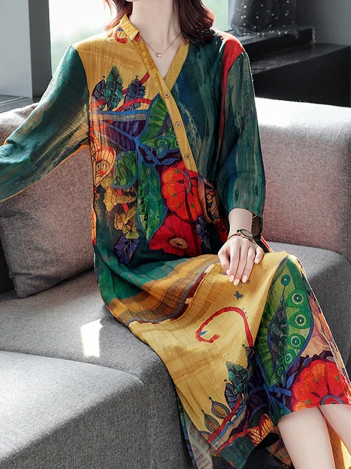 Fashion Cotton Linen Ramie Print Dress