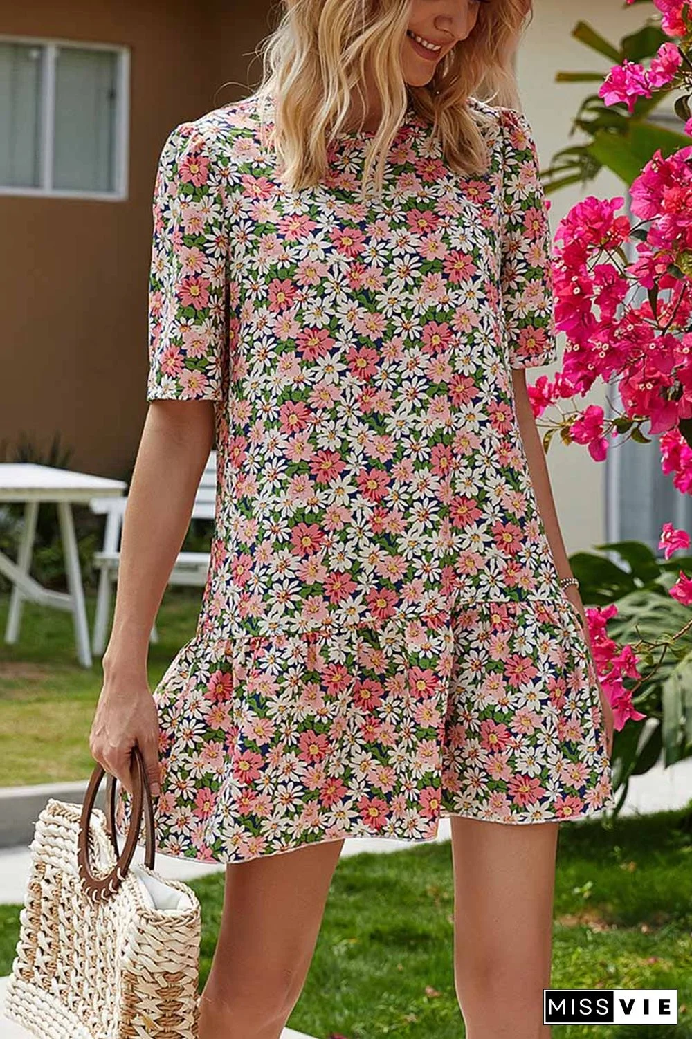 Round Neck Ruffled Floral Mini Dress