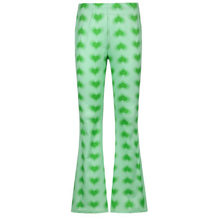 Green Heart Pattern Flared Trousers - tree - Codlins