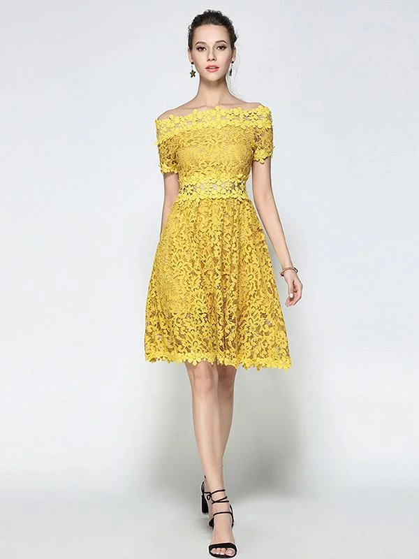 One-line collar mid-length lace all-match A-line skirt