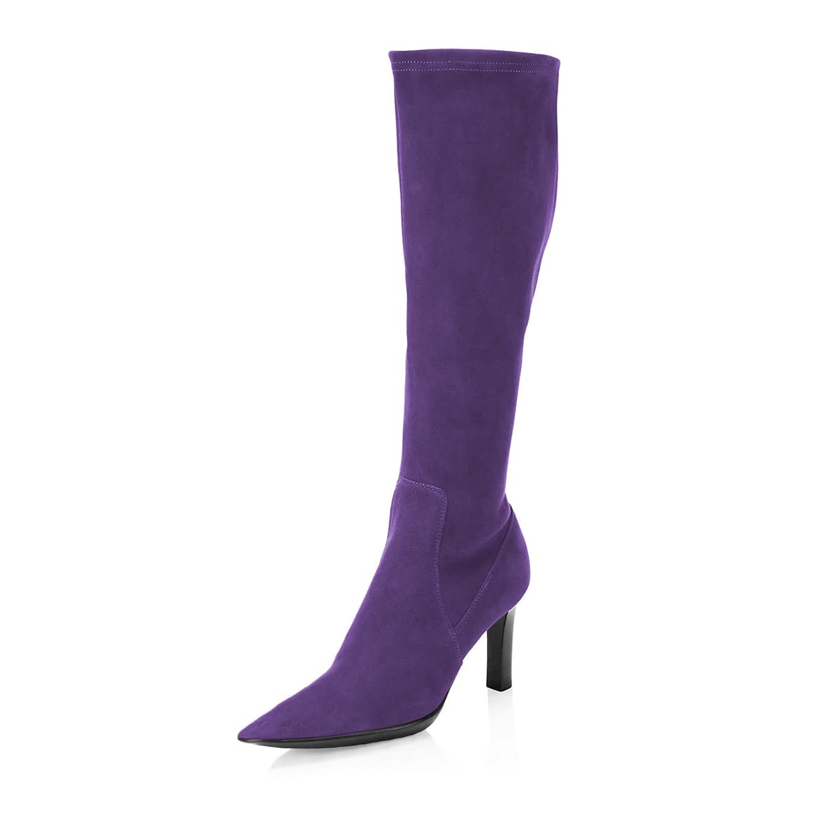 Purple Vegan Suede Pointed Toe Chunky Heel Knee High Boots for Women Nicepairs