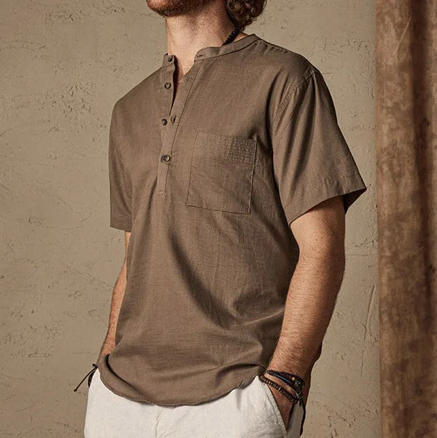 Men's Cotton Linen Shirt Henley Pocket Beach Vacation Hawaiian Short Sleeve Casual Daily Tops-inspireuse