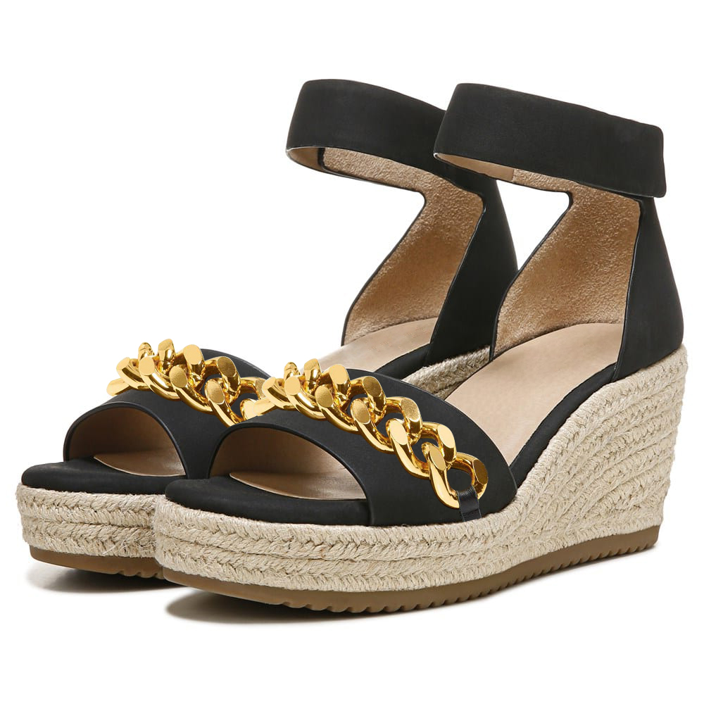 Black Suede Round Toe Wedge Heel Sandals with Chain Nicepairs