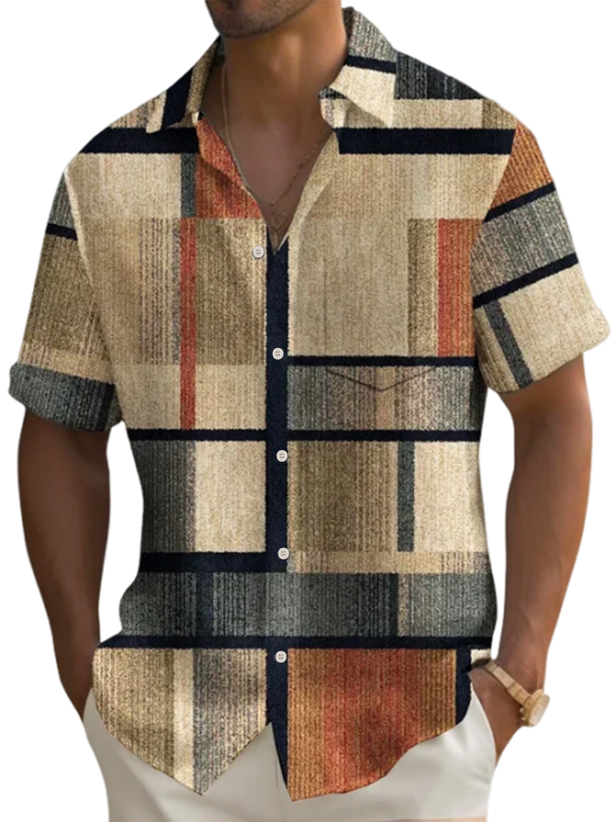 Men's Summer Geometric Print Lapel Short Sleeve Shirt