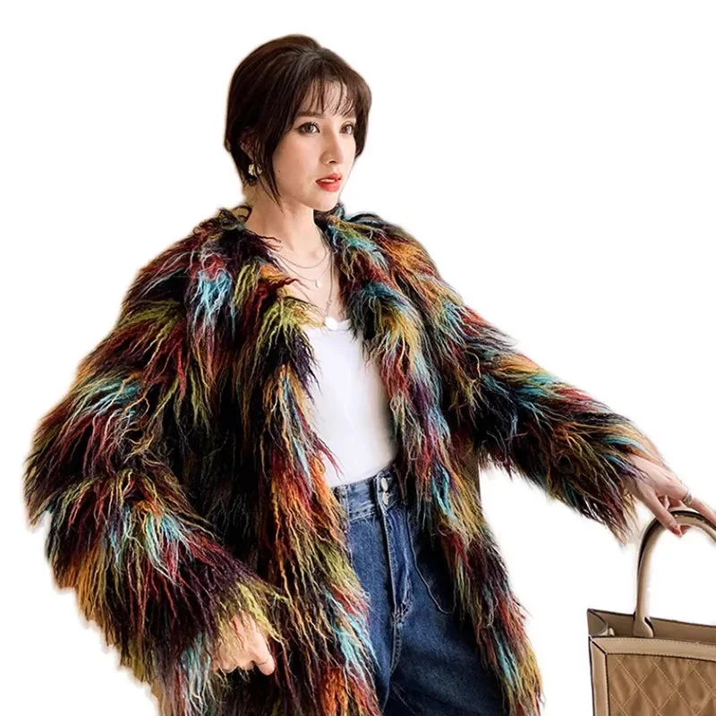 Huiketi Autumn Winter Colorful Soft Thick Warm Hairy Shaggy Faux Fur Coat Women Long Sleeve O Neck Luxury Fluffy Jacket 2023