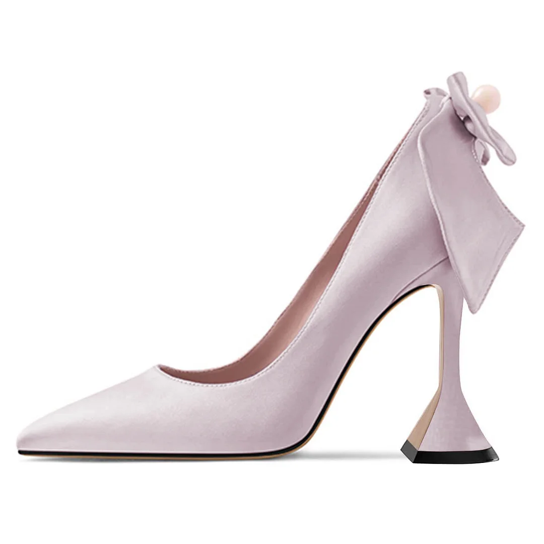 Light Purple Satin Pointed Toe Flared Heel Back Bow Pumps for Women