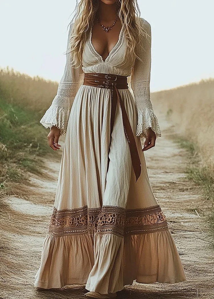 Boho Beige V Neck Patchwork Cotton Long Dresses Flare Sleeve