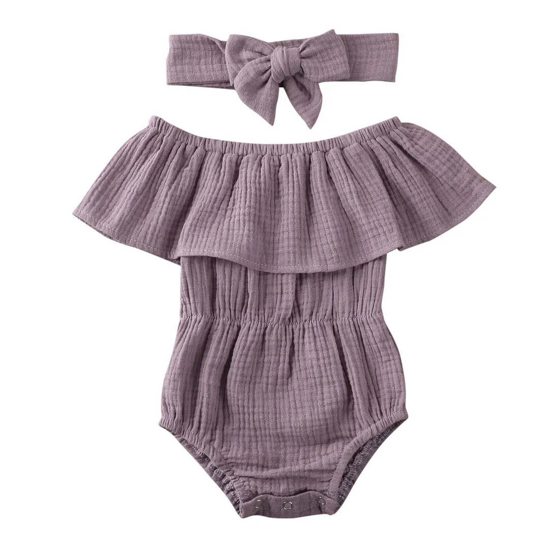 2020 Baby Summer Clothing Newborn Baby Girl Ruffles Sleeve Jumpsuit Classic Solid Color Off-shoulder Triangle Jumpsuit Headband