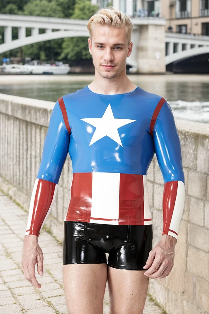 Men's Latex Tops Male 'Super-Guy' T-Shirt Captain America Marvel Series Top- Heroic & Long-Sleeve