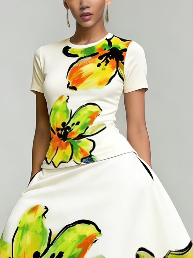Elegant Floral Printing Crew Neck T-shirt mysite idetrend