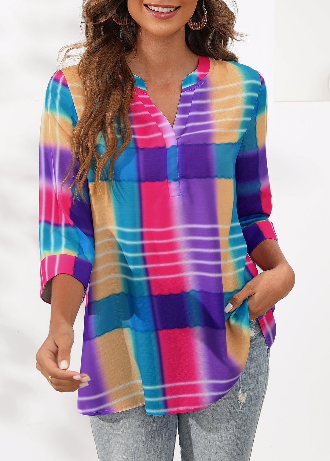 Plaid Split Neck 3/4 Sleeve Blouse