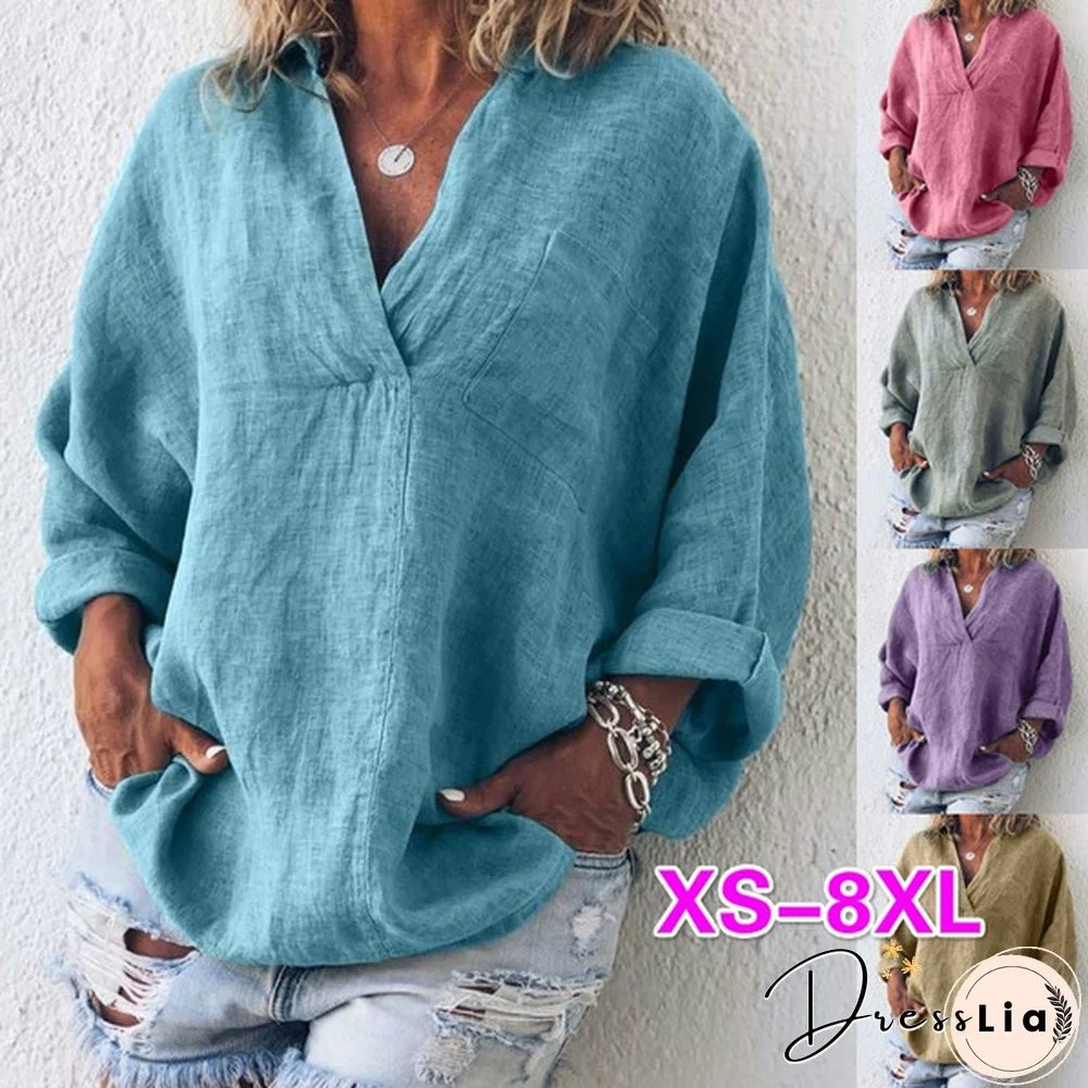 XS-8XL Autumn Tops Plus Size Fashion Clothes Women's Casual Long Sleeve Tee Shirts Deep V-neck Tunic Tops Ladies Blouses Pullover Loose T-shirts Solid Color Linen Blouses