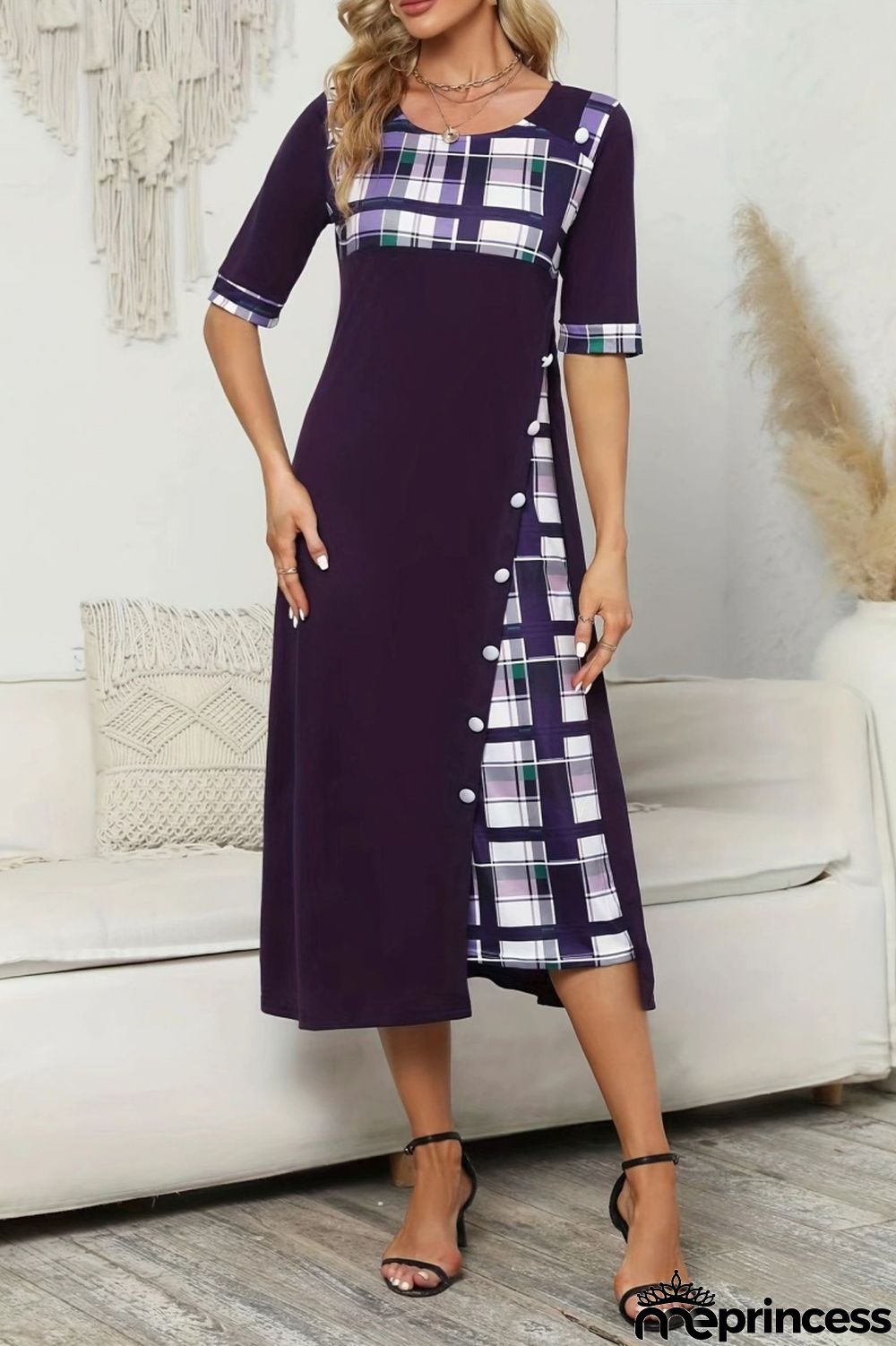 Casual Plaid Print Patchwork O Neck Short Sleeve Dress Dresses