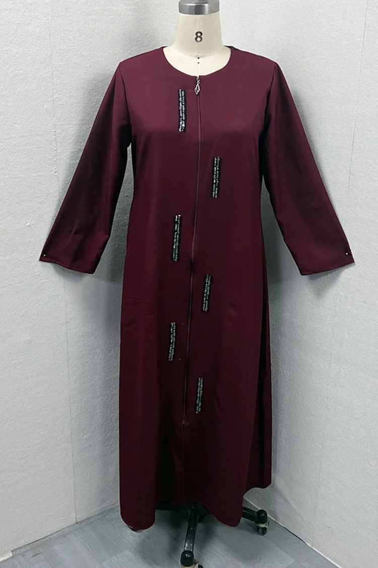 Crew Neck Zipper Long Sleeve Robe Embroidery Maxi Dress