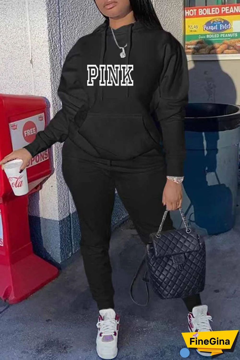 Black Casual Print Letter Hooded Collar Long Sleeve Two Pieces