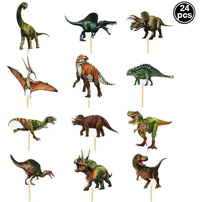 24pcs Dinosaur Cupcake Wrappers Cake Toppers Kids Dinosaur Theme Jurassic World Animal Birthday Party Cake Decoration Supplies