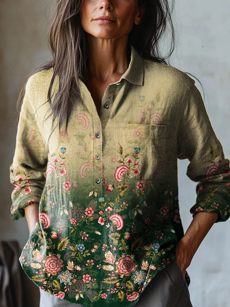 Women's Vintage Lovely Floral Art Print Casual Cotton And Linen Shirt