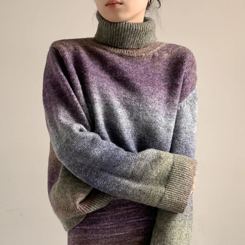 Design wool turtleneck loose slouchy gradient sweater