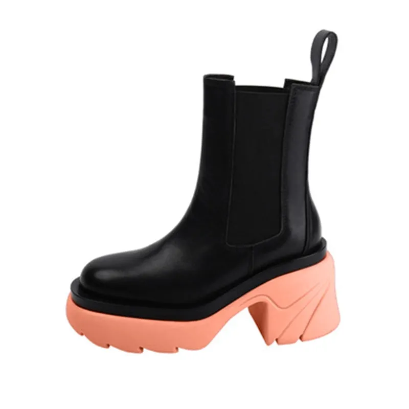 Women Ankle Boots Metal Chain Slip On Thich Platform Short Boots Ladies Mixed Color Autumn Winter Shoes Female Chelsea Fashion